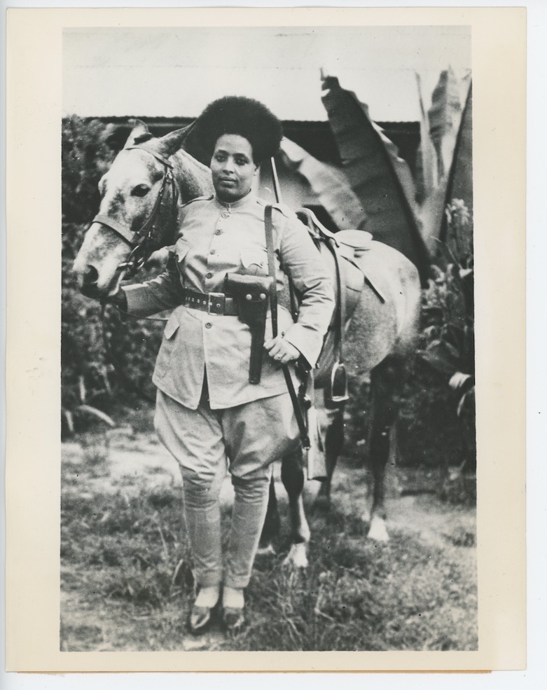 A female Ethiopian soldier with a horse. From the collection of Maaza Mengiste.