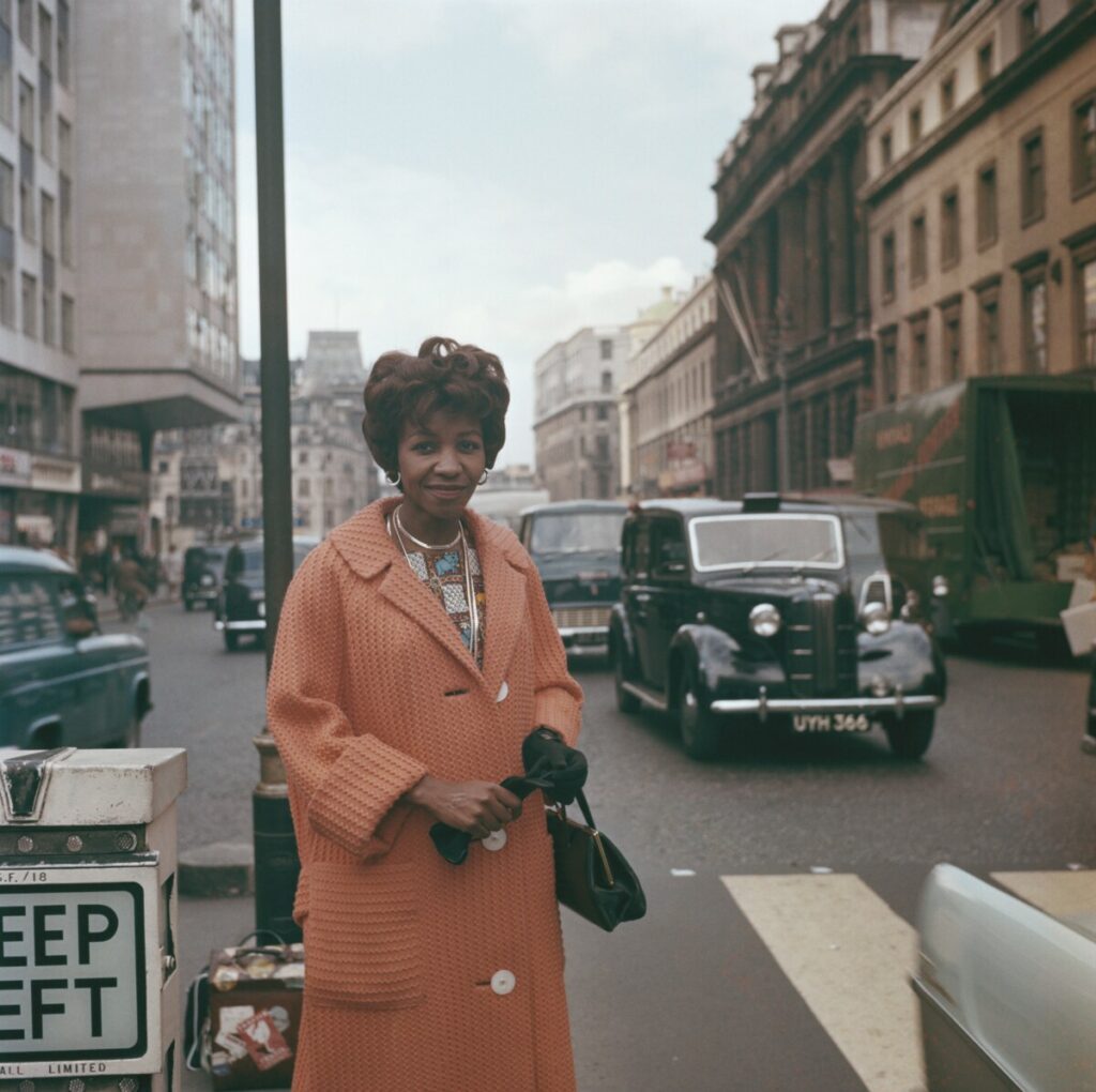 Noni Jabavu standing in front of The Strand office in London, 1961. Credit: Rolls Press. Source: Getty Images.