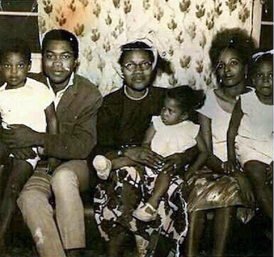 The Kuti family (L-R): Femi, sitting on Fela's lap; Fela; Funmilayo Ransome-Kuti; Sola; Remilekun Taylor, Yeni's mother; Yeni. From Instagram.