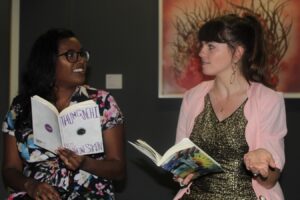 uHlanga-published poets Francine Simon and Megan Ross at a reading. Supplied.