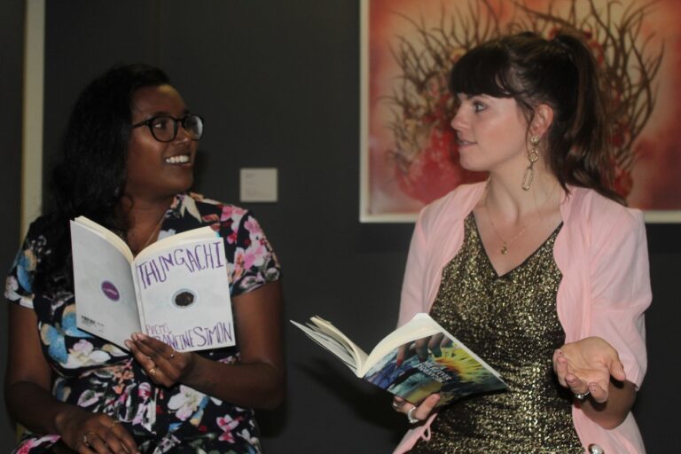 uHlanga-published poets Francine Simon and Megan Ross at a reading. Supplied.