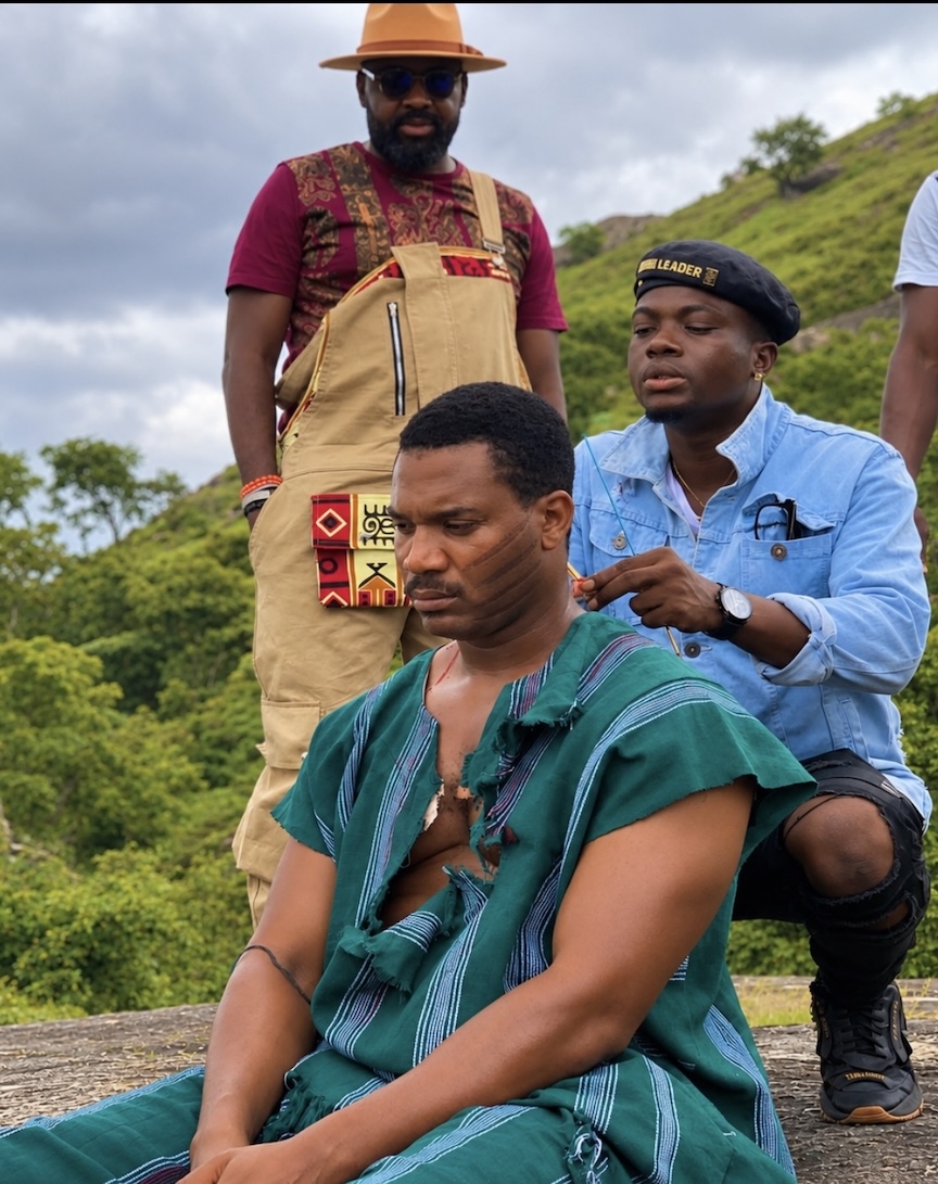 Hakeem Effects on the set of Anikulapo, with director Kunle Afolayan and lead Kunle Remi